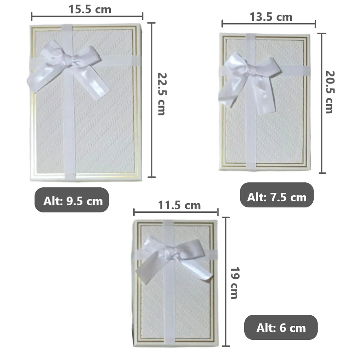 Set de 3 Cajas de Regalo Rectangulares Blancas con Lazo de Satén y Detalles Dorados - 23 x 15 cm