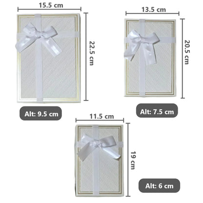 Set de 3 Cajas de Regalo Rectangulares Blancas con Lazo de Satén y Detalles Dorados - 23 x 15 cm