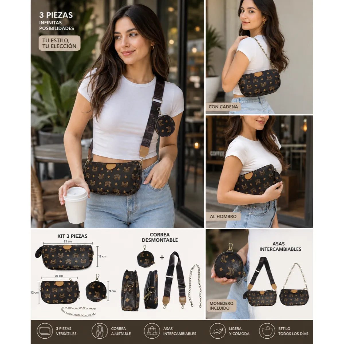 Kit de Cartera 3 en 1 con Doble Correa e Intercambiable