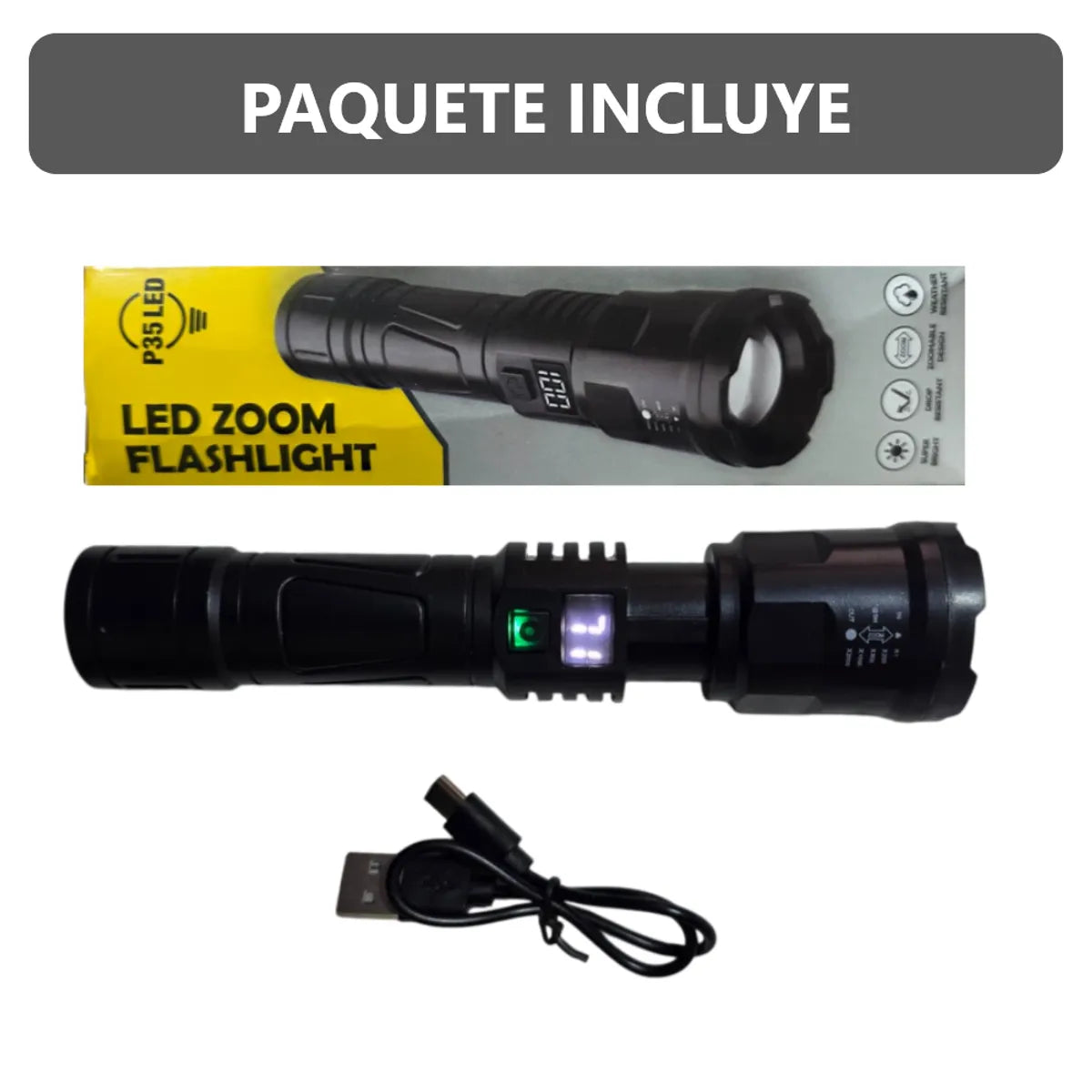 Linterna LED Recargable con Zoom y 3 modos de luz P35