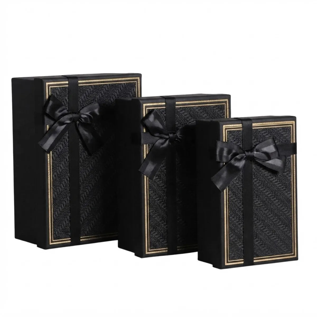 Set de 3 Cajas de Regalo Rectangulares Negro con Lazo de Satén y Detalles Dorados - 23 x 15 cm