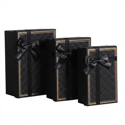 Set de 3 Cajas de Regalo Rectangulares Negro con Lazo de Satén y Detalles Dorados - 23 x 15 cm