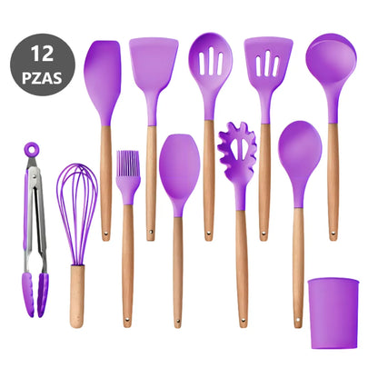 Kit de Utensilios de Cocina 12 Piezas Hecho de Silicona y Mango de Madera