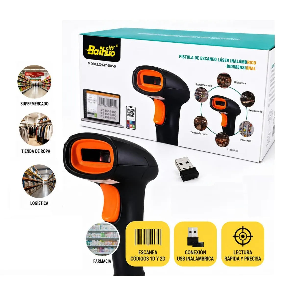 Lector Escaner inalámbrico Baihuo my-8056 Imager Qrcode 1d y 2d