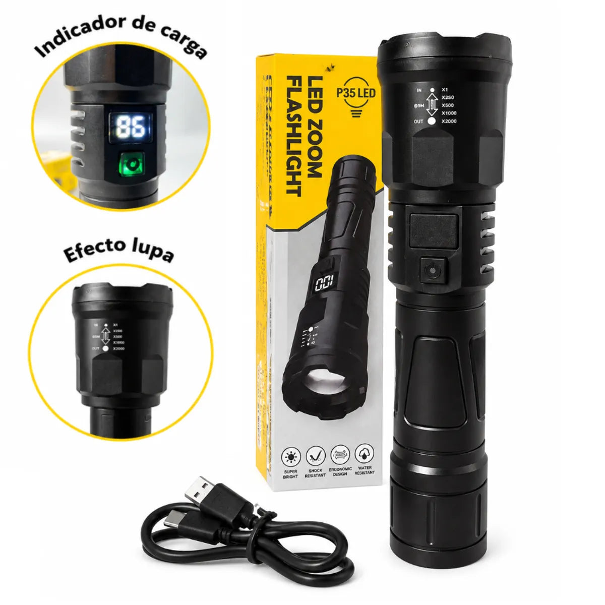 Linterna LED Recargable con Zoom y 3 modos de luz P35