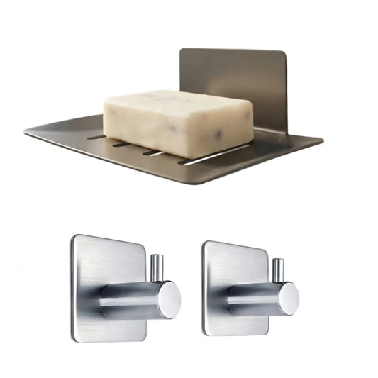 Pack de Jabonera de Pared y 2 Ganchos Adhesivos Metálicos para Baño
