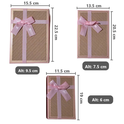 Set de 3 Cajas de Regalo Rectangulares Rosado con Lazo de Satén y Detalles Dorados - 23 x 15 cm
