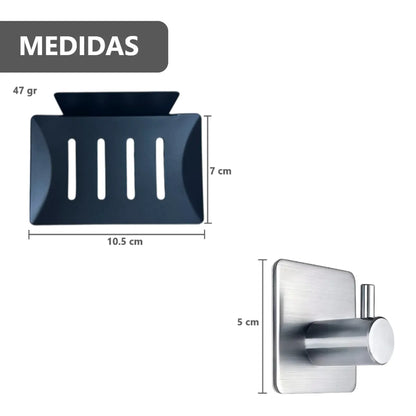 Pack de Jabonera de Pared y 2 Ganchos Adhesivos Metálicos para Baño