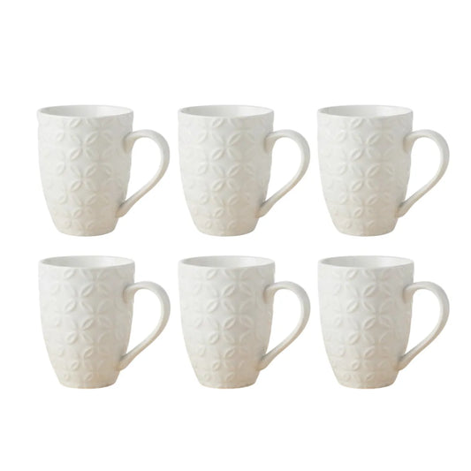 Set x6 Tazas de Loza Blanca con Releve de Flores