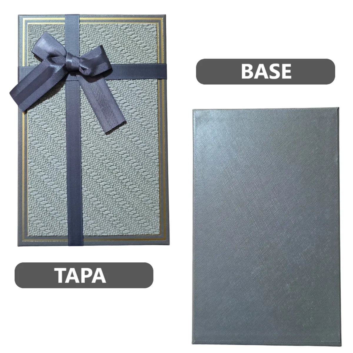 Set de 3 Cajas de Regalo Rectangulares Gris con Lazo de Satén y Detalles Dorados - 23 x 15 cm