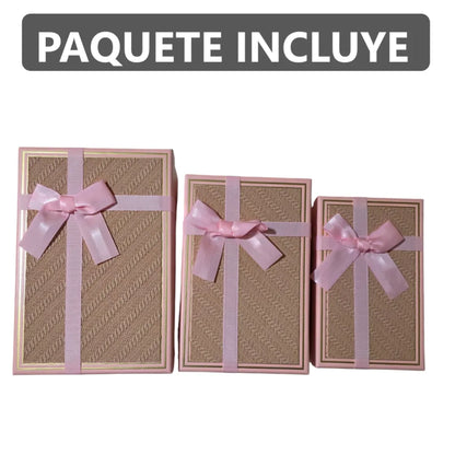Set de 3 Cajas de Regalo Rectangulares Rosado con Lazo de Satén y Detalles Dorados - 23 x 15 cm