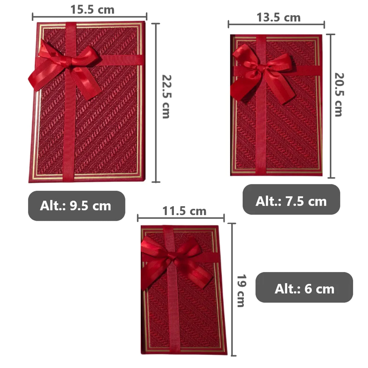 Set de 3 Cajas de Regalo Rectangulares Rojo con Lazo de Satén y Detalles Dorados - 23 x 15 cm
