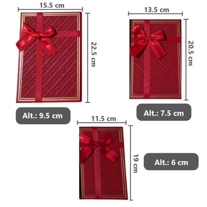 Set de 3 Cajas de Regalo Rectangulares Rojo con Lazo de Satén y Detalles Dorados - 23 x 15 cm
