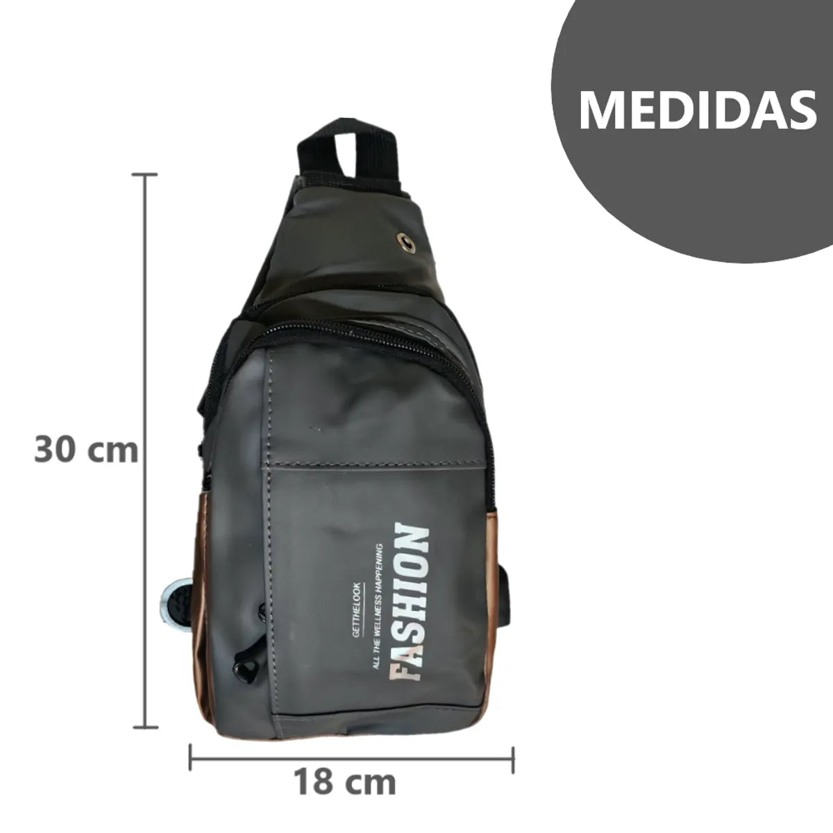 Morral canguro pechera elegante y versátil con entrada y cable USB