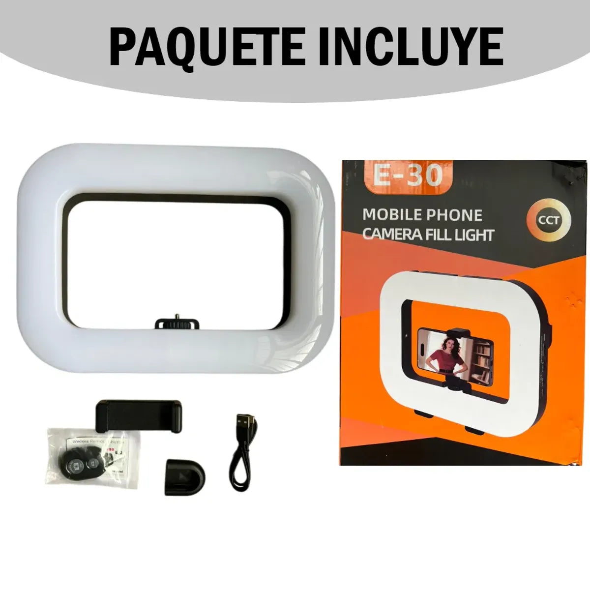Aro Led Rectangular Recargable Para Celular Luz Foto Video - 29 cm