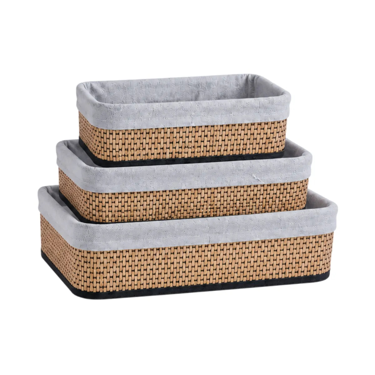 Pack x3 Canastas Cestas Organizadoras de Bambú y Tela Gris Claro - 3 tamaños