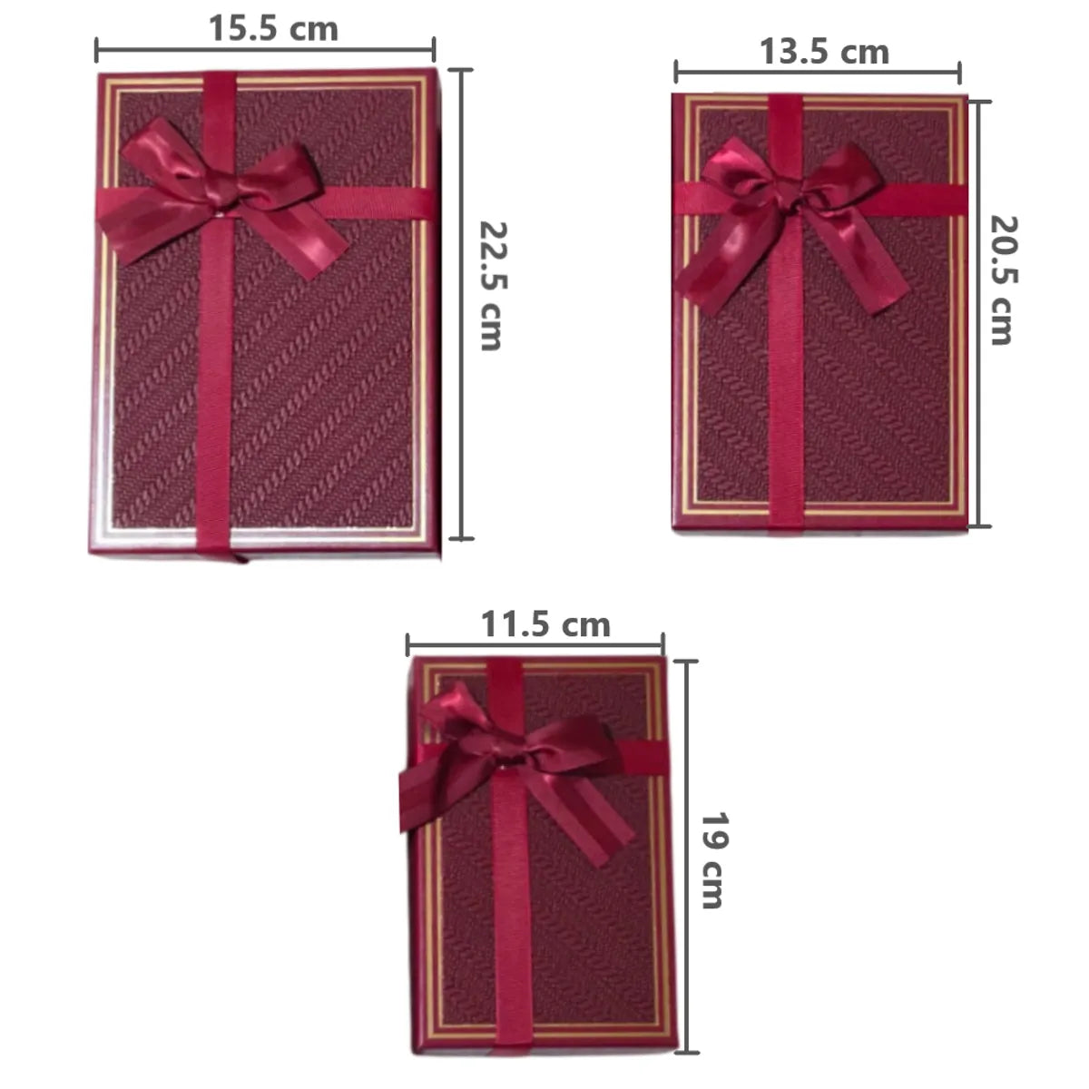 Set de 3 Cajas de Regalo Rectangulares Rojas con Lazo de Satén y Detalles Dorados - 23 x 15 cm