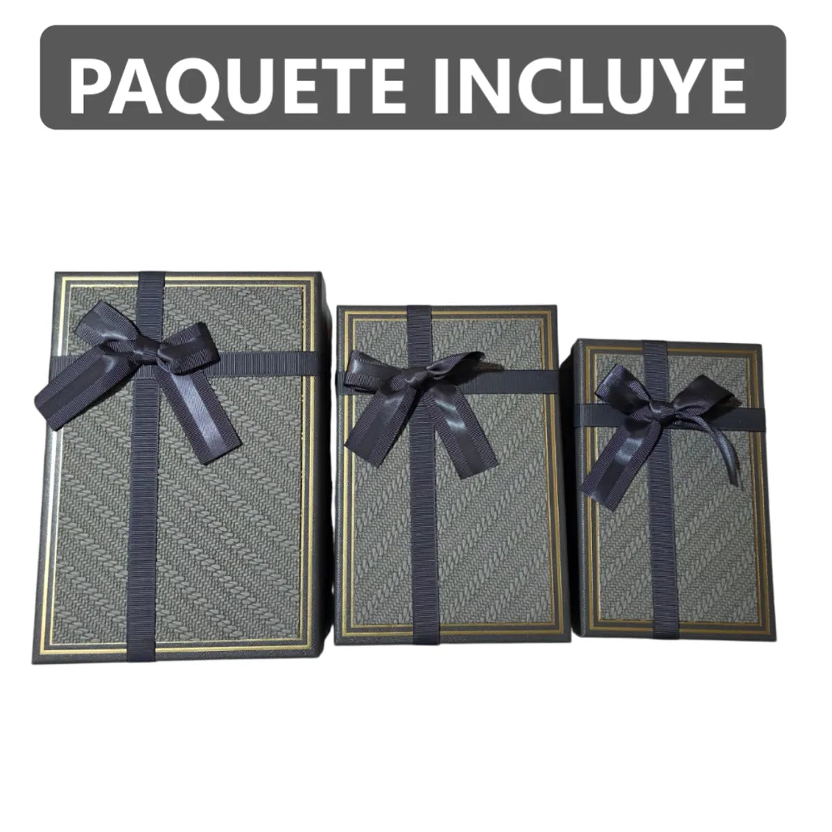 Set de 3 Cajas de Regalo Rectangulares Gris con Lazo de Satén y Detalles Dorados - 23 x 15 cm