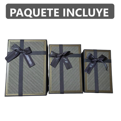 Set de 3 Cajas de Regalo Rectangulares Gris con Lazo de Satén y Detalles Dorados - 23 x 15 cm
