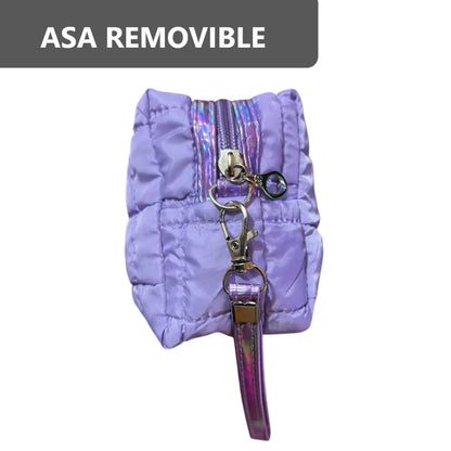 Cosmetiquera Fashion Puffer Amplia y Correa Brillante