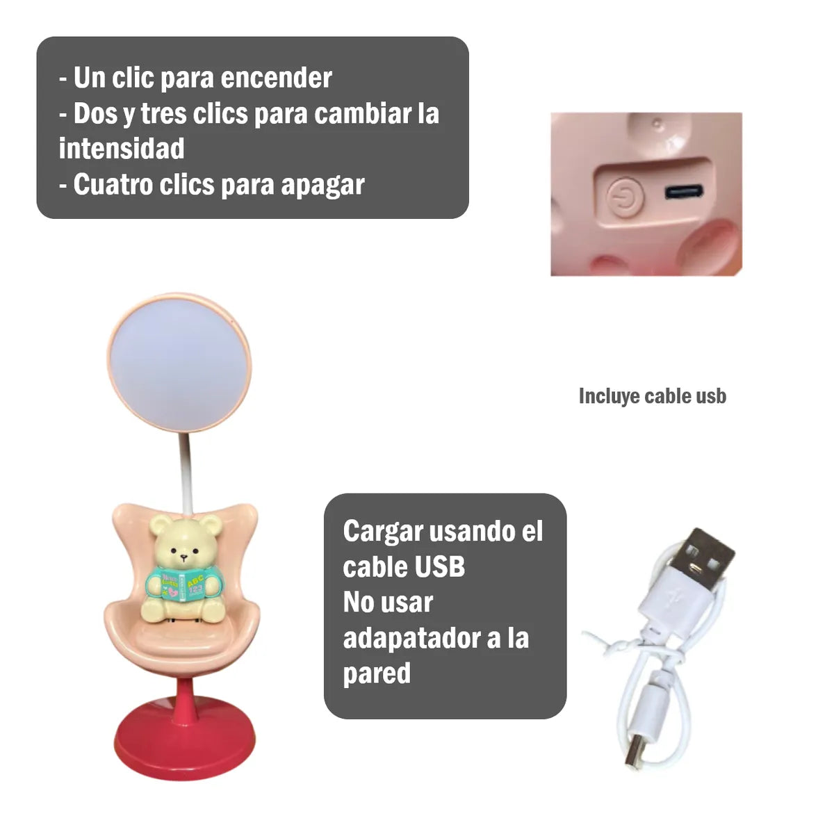 Lámpara de Oso leyendo en su silla Inalámbrico LED Nocturna