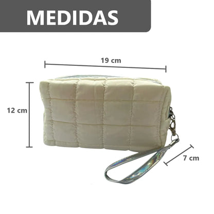 Cosmetiquera Fashion Puffer Amplia y Correa Brillante
