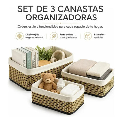 Pack x3 Canastas Cestas Organizadoras de Bambú y Tela Gris Claro - 3 tamaños