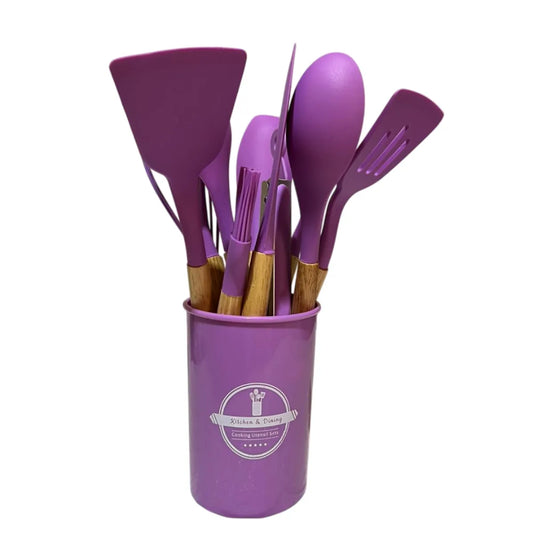 Kit de Utensilios de Cocina 12 Piezas Hecho de Silicona y Mango de Madera