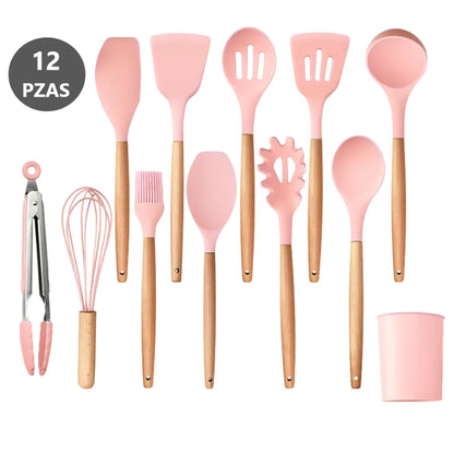Kit de Utensilios de Cocina 12 Piezas Hecho de Silicona y Mango de Madera