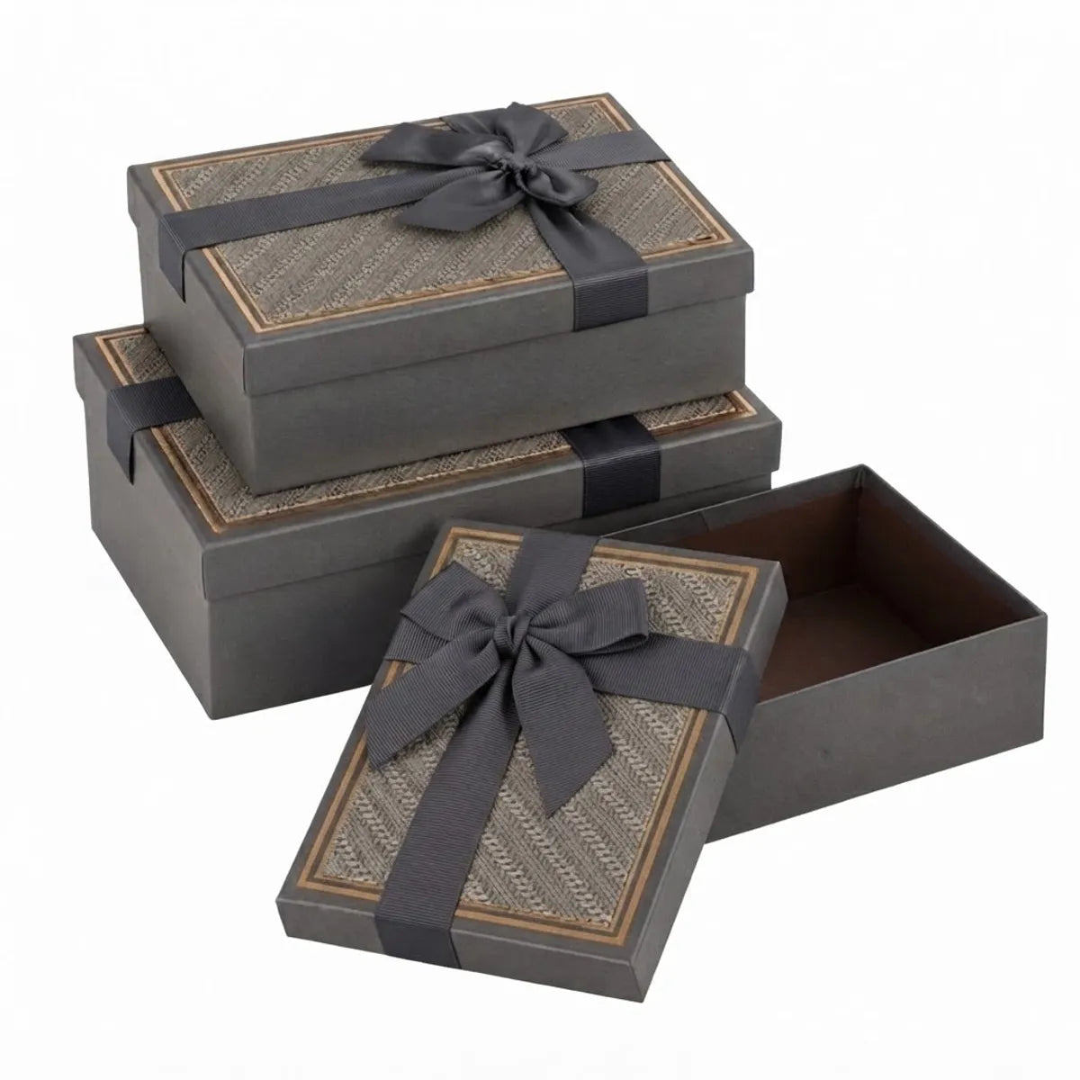 Set de 3 Cajas de Regalo Rectangulares Gris con Lazo de Satén y Detalles Dorados - 23 x 15 cm