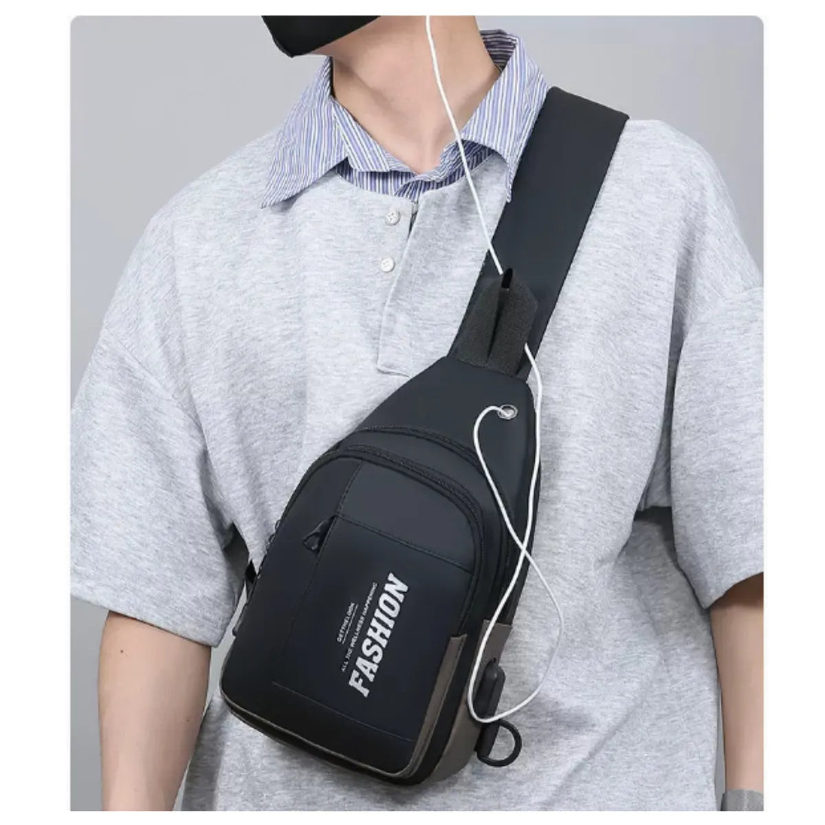Morral canguro pechera elegante y versátil con entrada y cable USB