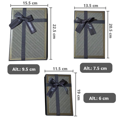 Set de 3 Cajas de Regalo Rectangulares Gris con Lazo de Satén y Detalles Dorados - 23 x 15 cm