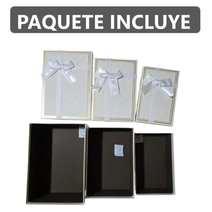 Set de 3 Cajas de Regalo Rectangulares Blancas con Lazo de Satén y Detalles Dorados - 23 x 15 cm