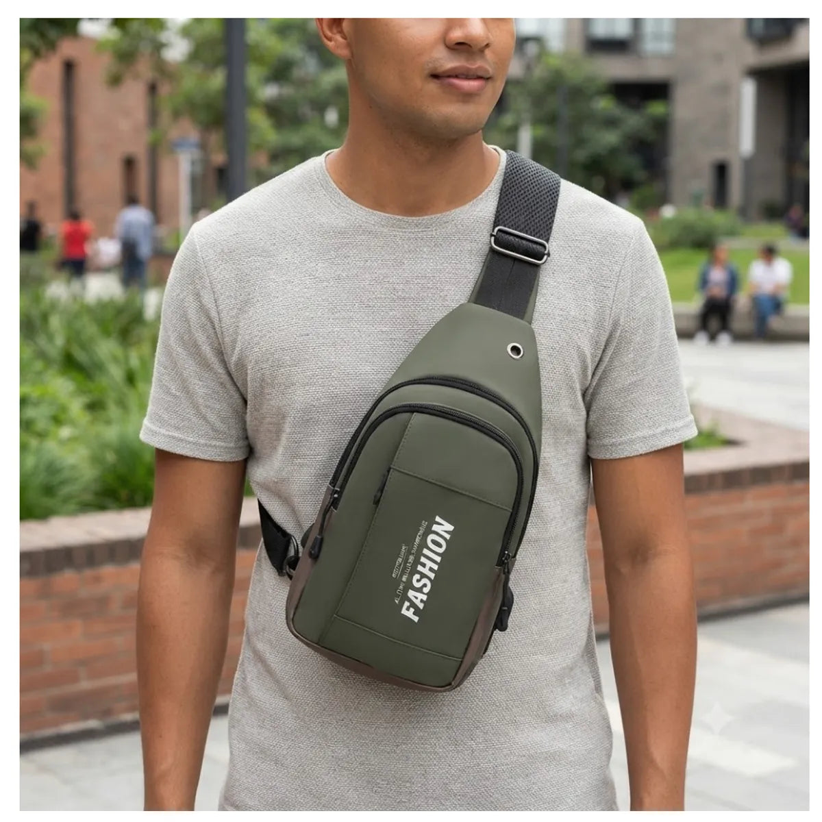 Morral canguro pechera elegante y versátil con entrada y cable USB