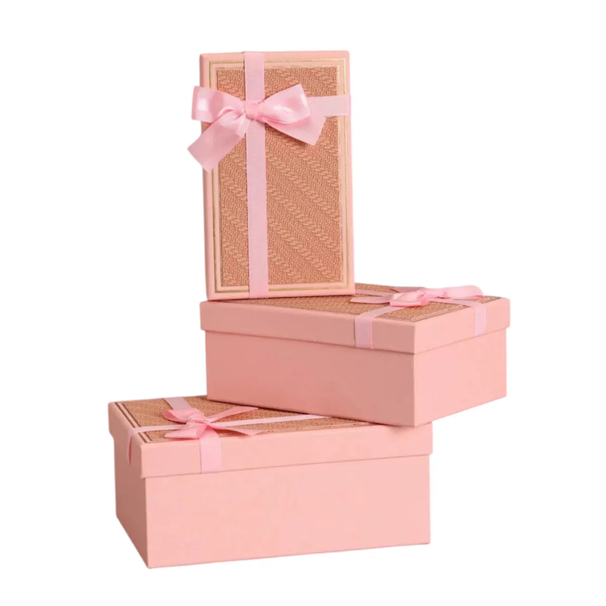 Set de 3 Cajas de Regalo Rectangulares Rosado con Lazo de Satén y Detalles Dorados - 23 x 15 cm