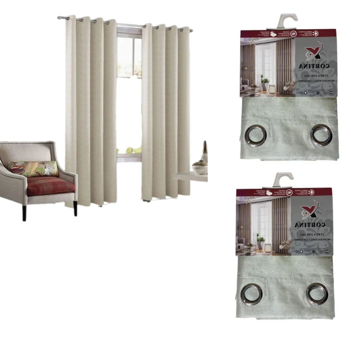 Pack x2 cortinas de 140x240cm con 8 ojales - Crema Dorado 33