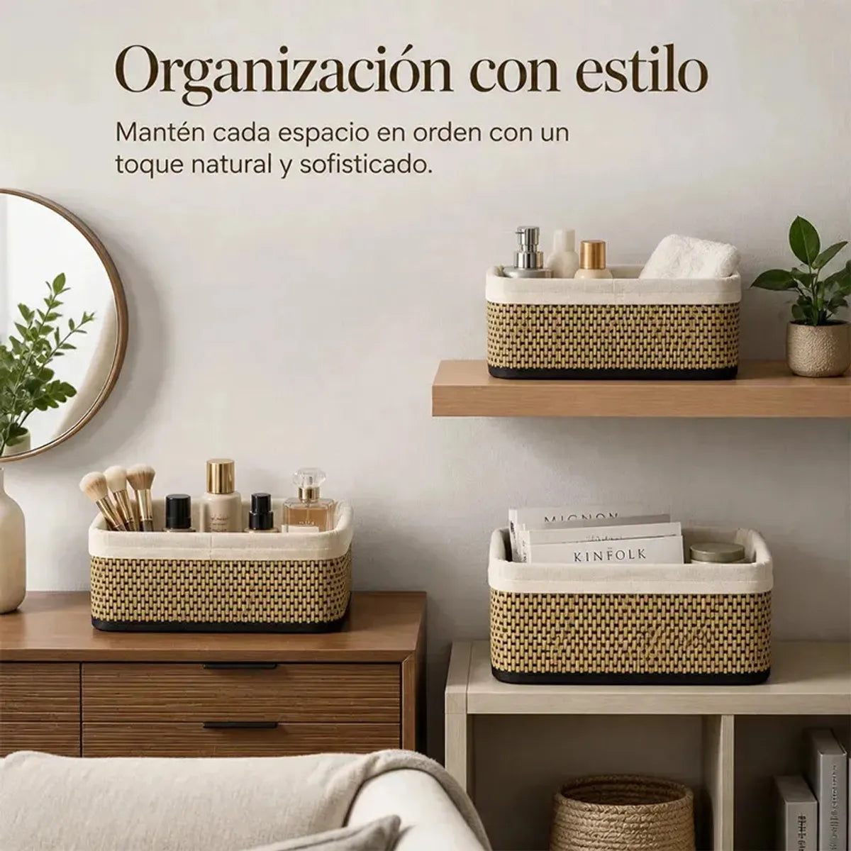 Pack x3 Canastas Cestas Organizadoras de Bambú y Tela Gris Claro - 3 tamaños