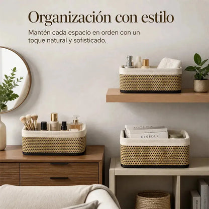 Pack x3 Canastas Cestas Organizadoras de Bambú y Tela Gris Claro - 3 tamaños