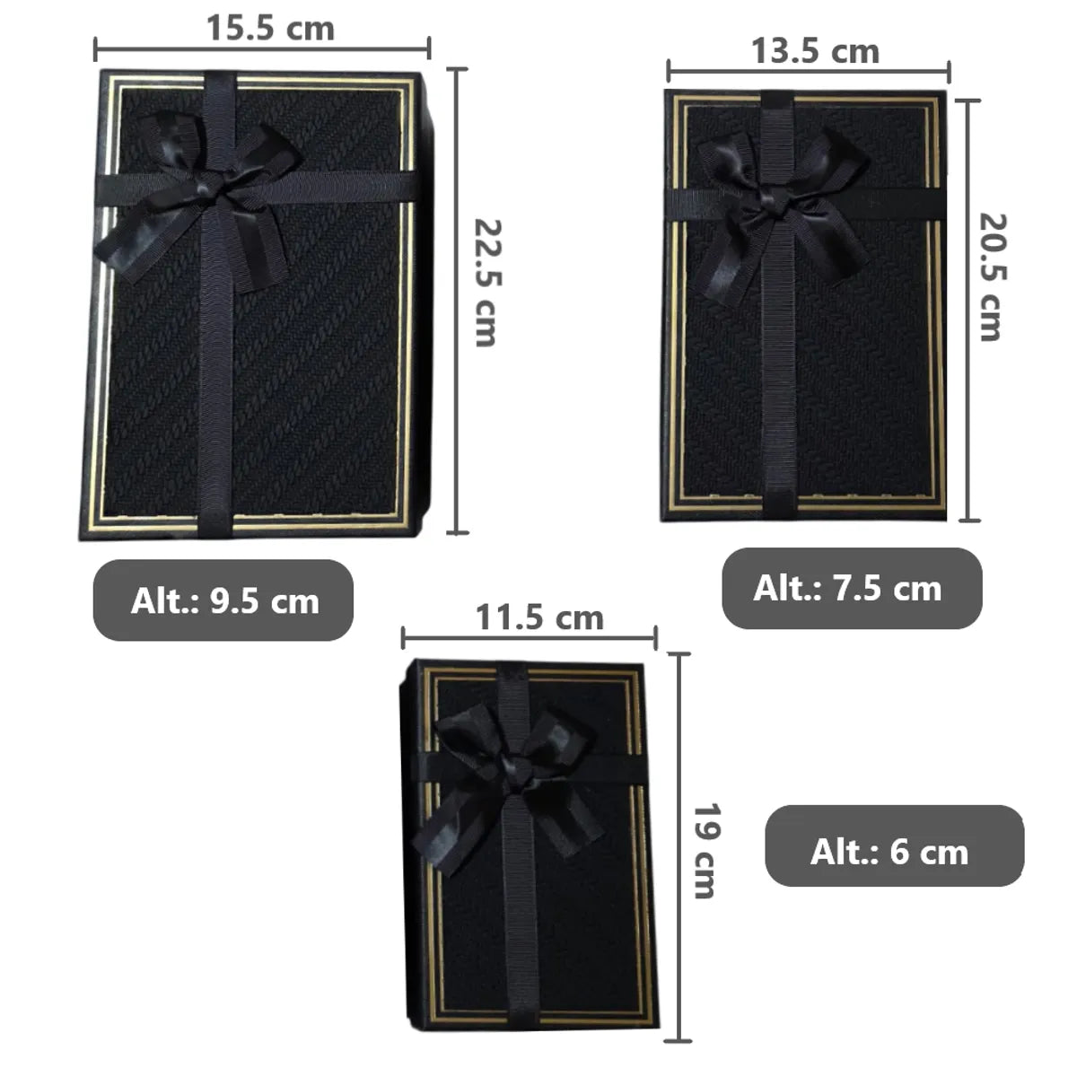Set de 3 Cajas de Regalo Rectangulares Negro con Lazo de Satén y Detalles Dorados - 23 x 15 cm