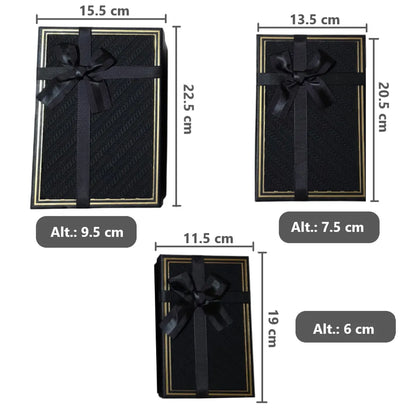 Set de 3 Cajas de Regalo Rectangulares Negro con Lazo de Satén y Detalles Dorados - 23 x 15 cm