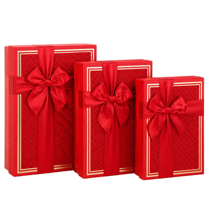 Set de 3 Cajas de Regalo Rectangulares Rojo con Lazo de Satén y Detalles Dorados - 23 x 15 cm