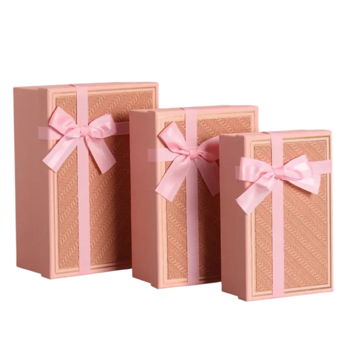 Set de 3 Cajas de Regalo Rectangulares Rosado con Lazo de Satén y Detalles Dorados - 23 x 15 cm