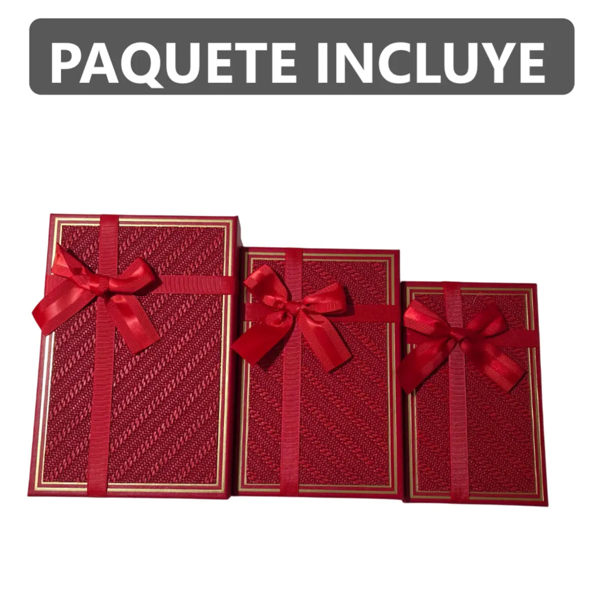 Set de 3 Cajas de Regalo Rectangulares Rojo con Lazo de Satén y Detalles Dorados - 23 x 15 cm