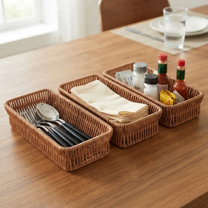 Pack x3 Porta cubiertos Rectangular de plástico tipo mimbre
