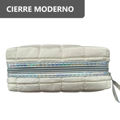 Cosmetiquera Fashion Puffer Amplia y Correa Brillante