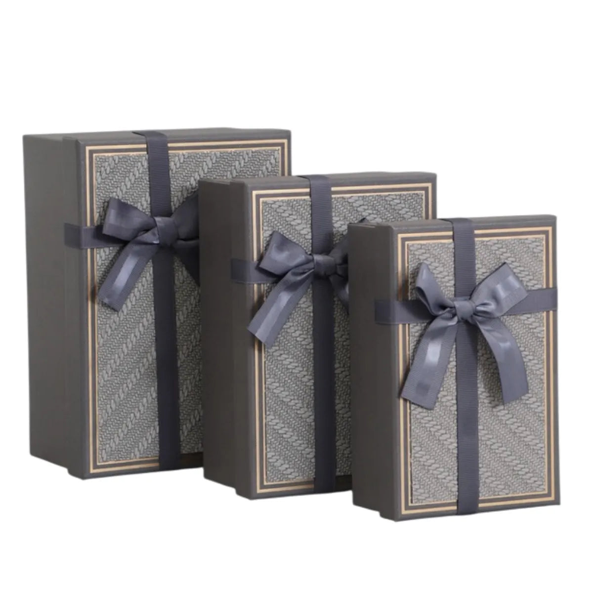 Set de 3 Cajas de Regalo Rectangulares Gris con Lazo de Satén y Detalles Dorados - 23 x 15 cm