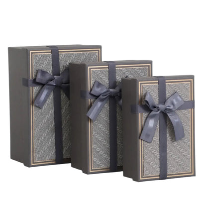 Set de 3 Cajas de Regalo Rectangulares Gris con Lazo de Satén y Detalles Dorados - 23 x 15 cm