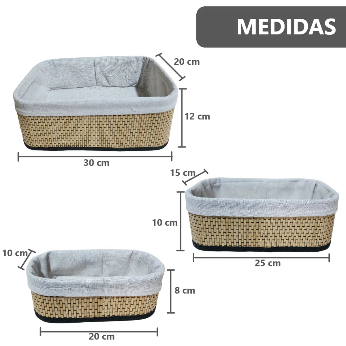 Pack x3 Canastas Cestas Organizadoras de Bambú y Tela Gris Claro - 3 tamaños