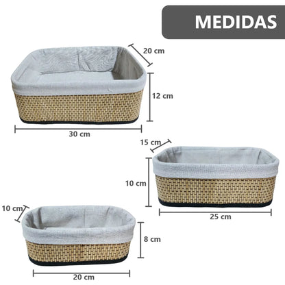 Pack x3 Canastas Cestas Organizadoras de Bambú y Tela Gris Claro - 3 tamaños