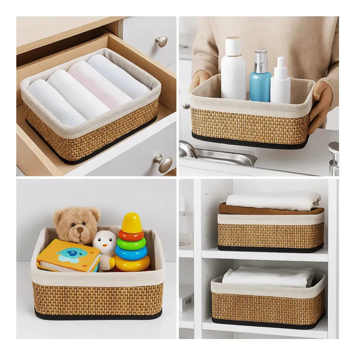 Pack x3 Canastas Cestas Organizadoras de Bambú y Tela Gris Claro - 3 tamaños